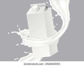 Milk swirl around mockup milk box realistic vector illustration. Dairy product packaging with copy space 3d objects on white background