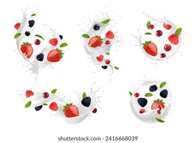 Milk swirl and wave splashes with berry fruits, vector drink, food or cosmetics. Realistic 3d milk shake splashes with creamy drops, fresh strawberry, raspberry, blackberry, cranberry and mint leaves