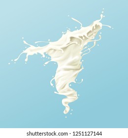 Milk schwirl oder weißer Farbspritzer oder Whirlpool mit Tröpfchen und Plättchen realistische Vektorgrafik einzeln auf blauem Hintergrund. Weiße flüssige Illustration. Design-Element für die Werbung für Milch oder Kosmetika