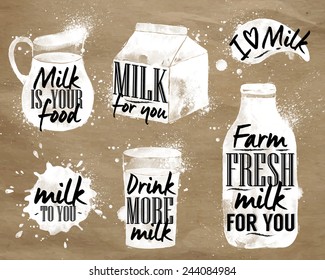 Milk Symbolic Elements Cafe, Pack, Glass, Bottle Drawing With Drops And Sprays On Kraft Paper Background