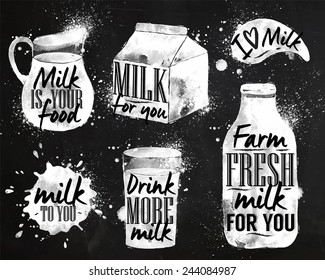 Milk Symbolic Elements Pack, Glass, Bottle Drawing With Drops And Sprays On Chalkboard Background