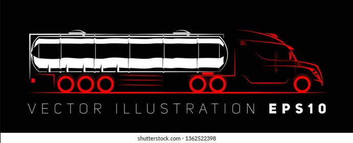 milk tanker, petrol tanker simple side view schematic image on a black background	