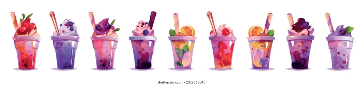 Milk tea bubble drink vector juice cup cartoon illustration. Ice boba sugar milkshake dessert clipart for taiwanese asian menu. Delicious fruit sweet bubbletea with straw. Cream tapioca in plastic set