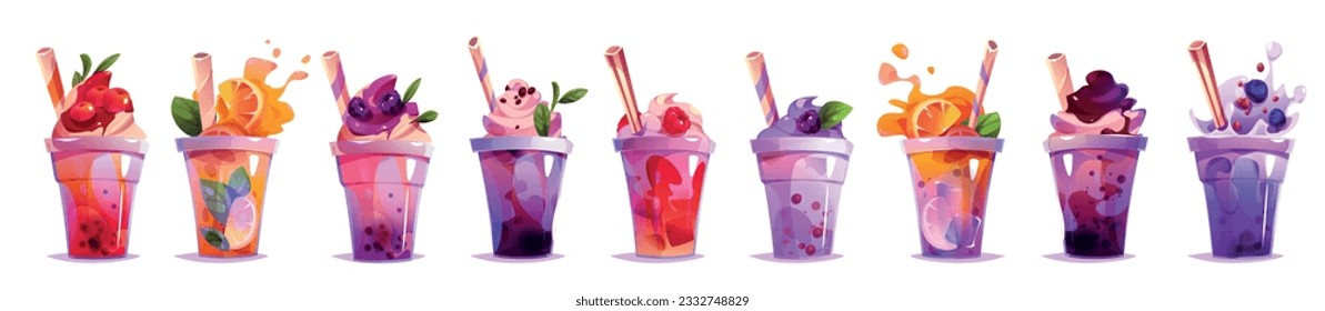 Milk tea bubble drink vector juice cup cartoon illustration. Ice boba sugar milkshake dessert clipart for taiwanese asian menu. Delicious fruit sweet bubbletea with straw. Cream tapioca in plastic set