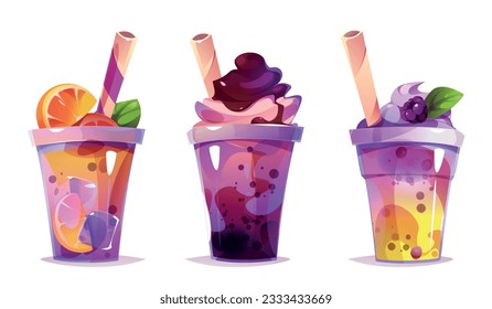 Milk tea bubble drink vector juice cup cartoon illustration. Ice boba sugar milkshake dessert clipart for taiwanese asian menu. Delicious fruit sweet bubbletea with straw. Cream tapioca in plastic set