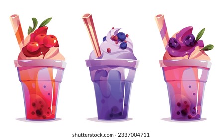 Milchteeblase trinkt Vektorsaftbecher Cartoon-Illustration. Eis boba Zucker Milchshake Nachtisch Clipart Kunst für taiwanesische asiatische Speisekarte. Köstliche Fruchtblase mit Stroh. Tapioca aus Creme in Plastikset