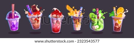 Milk tea bubble ice cup drink vector illustration. Pearl boba smoothie food illustration with splash, sugar and straw isolated icon for menu design. Popular thai cocktail with strawberry and chocolate