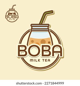 milk tea bubble logo fresh drink concept with flat style design. vector illustration
