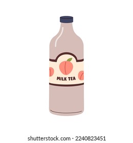 Milk tea, cold cooling beverage in bottle. Fresh sweet fruit liquid in closed jar with lid. Healthy summer refreshment. Flat vector illustration isolated on white background