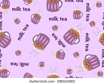 milk tea in cup cartoon seamless pattern on purple background