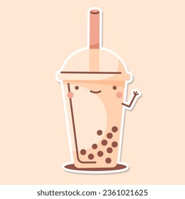 MILK TEA cup cute sticker beige background vector. BUBBLE TEA logo. Vector illustration