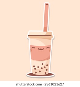 MILK TEA cup cute sticker beige background vector. BUBBLE TEA logo. Vector illustration