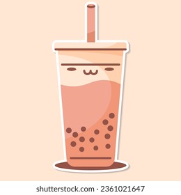 MILK TEA cup cute sticker beige background vector. BUBBLE TEA logo. Vector illustration