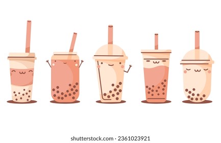 MILK TEA cup cute stickers set isolated beige vector. BUBBLE TEA logo collection. Vector illustration