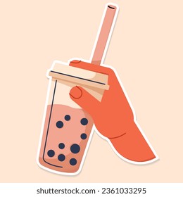 MILK TEA cup with hands sticker beige background vector. BUBBLE TEA label. Vector illustration