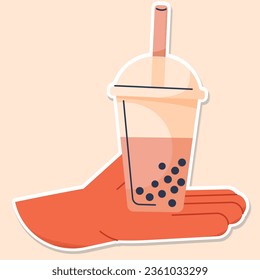 MILK TEA cup with hands sticker beige background vector. BUBBLE TEA label. Vector illustration