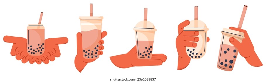 MILK TEA cup with hands sticker set beige background vector. BUBBLE TEA label. Vector illustration