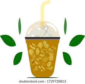 Milk tea and ice in a cup clear type on white background.