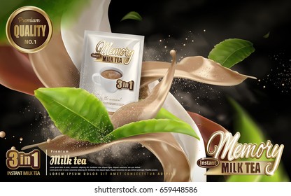 milk tea instant drink ad, smoke with mixed beverage flow effects and cup, with flying tea leaf elements, 3d illustration 