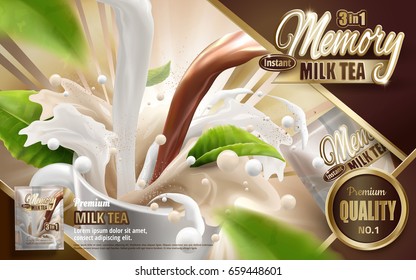 Milk tea instant drink with pouring mixed drink, with flying leaves elements, 3d illustration 