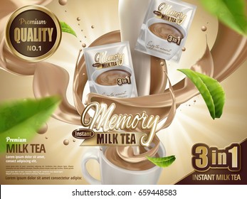 Milk tea instant drink with special effects and cup, flying tea leaf elements, 3d illustration 