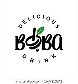 Milk Tea Logo Cute Boba Pearl, with Text Best for Beverage Juice Bar Design Template in Emblem Style