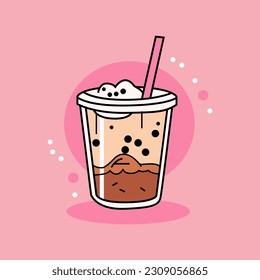 Milk tea logo with pink background cartoon style