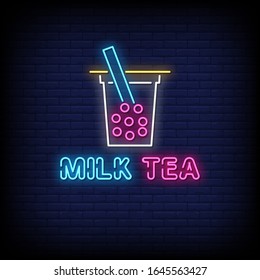 "Milk Tea" Neon Sign Style Text Vector.