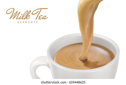 Milk Tea Pouring Down Close Up, Can Be Used As Design Elements, 3d Illustration