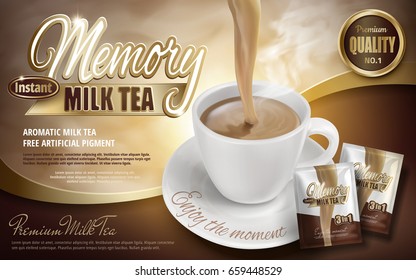 milk tea pouring down in cup with product packages, 3d illustration