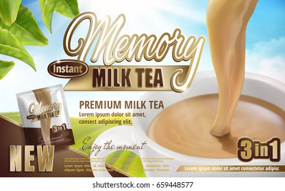 Milk Tea Pouring Down In Cup With Product Package And Tea Leaves, Field Background 3d Illustration 