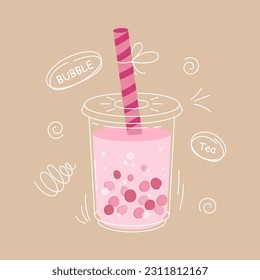 Milk tea with tapioca pearls. Boba tea. Asian Taiwanese drink. Hand drawn colored trendy. Luttering with doodle elements. Vector stock illustration.