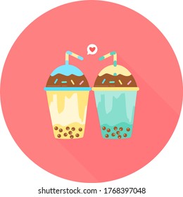 Milk tea with tapioca pearls in circle icon with long shadow illustration. Boba tea drink bright and pretty vector clip art. Bubble milk tea vector set design for milk tea ads.