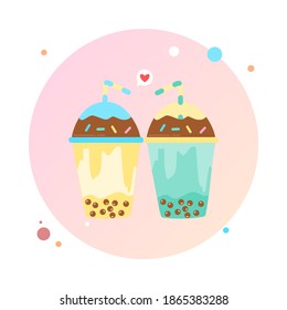 Milk tea with tapioca pearls in circle icon vector illustration. Boba tea drink bright and pretty vector clip art. Bubble milk tea vector set design for couple milk tea ads.
