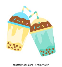 Milk tea with tapioca pearls illustration. Boba tea drink bright and pretty vector clip art. Bubble milk tea vector set design for milk tea ads.