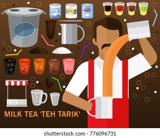 Milk Tea Teh Tarik Concept Background. Flat Icons