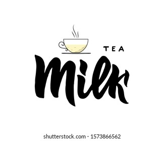 Milk tea type with cup. Hand calligraphy lettering with cups. Vector illustration. Template of packaging, graphic design, advertising, menu, icon.