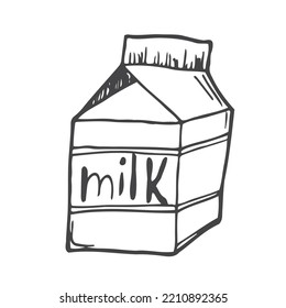 Leche tetrabrick. Leche de la caja de cartón. Icono de Comida. Caricatura de Doodle en blanco y negro, ilustración vectorial.