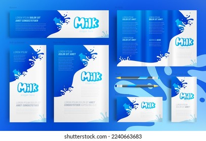 Milk theme liquid drops splash Set flyer cover, tri-fold, banner, roll up banner, business card blue color