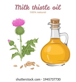 Milk thistle oil in glass bottle. Blossoming medicinal plant and heap of seeds isolated on white background. Vector illustration of healthy food in cartoon flat style.