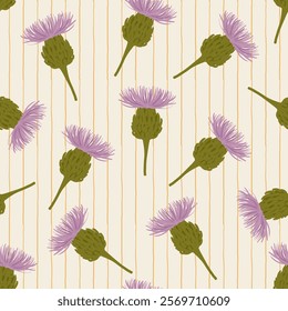 milk thistle is scattered on a light striped background. a pattern with medicinal herbs