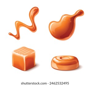 Milk toffee caramel splash and candy. Realistic 3d vector illustration set of liquid sweet dessert sauce or syrup drop. Brown confection cube, lozenge and spilled droplets. Sugary food piece and drip.