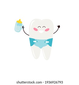  milk tooth cartoon baby in diaper. For design of brochures on prevention of children's caries, advertising of teeth care products.Vector illustration, hand drawn, kawaii