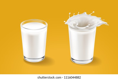 Milk and transparent cup elements isolated on warm background. Liquid splash in glass cup. Milk pours out. Vector 3d realistic illustration.