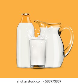 Milk in transparent glass, jug and bottle standing behind, with splash and lot of drops on bright orange background high quality realistic vector illustration