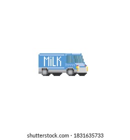 Milk transport van. Pixel art. Old school computer graphic. 8 bit video game. Game assets 8-bit sprite. 16-bit.