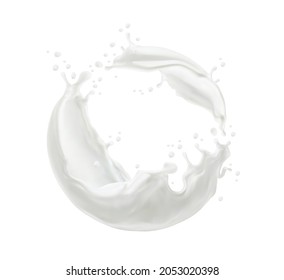 Milk Twister Or Swirl Splash With Splatters And White Milky Drops Flow, Realistic Vector. Milk Splash Or Cream Drink Pouring Wave Of Liquid Yogurt Whirl For Dairy Products