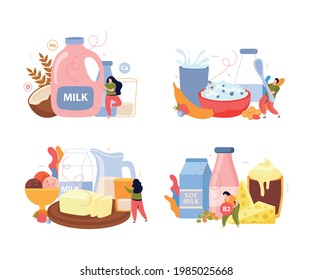 Milk usage 2x2 design concept set of fresh dairy products along with soy and coconut milk vector illustration