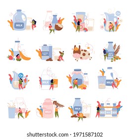 Milk usage 4x4 flat icons set of dairy production in eco package including almond and soy milk isolated vector illustration