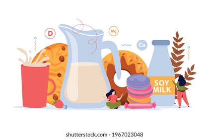 Milk usage flat background with bakery products bottle of soy milk and jug of cow milk vector illustration